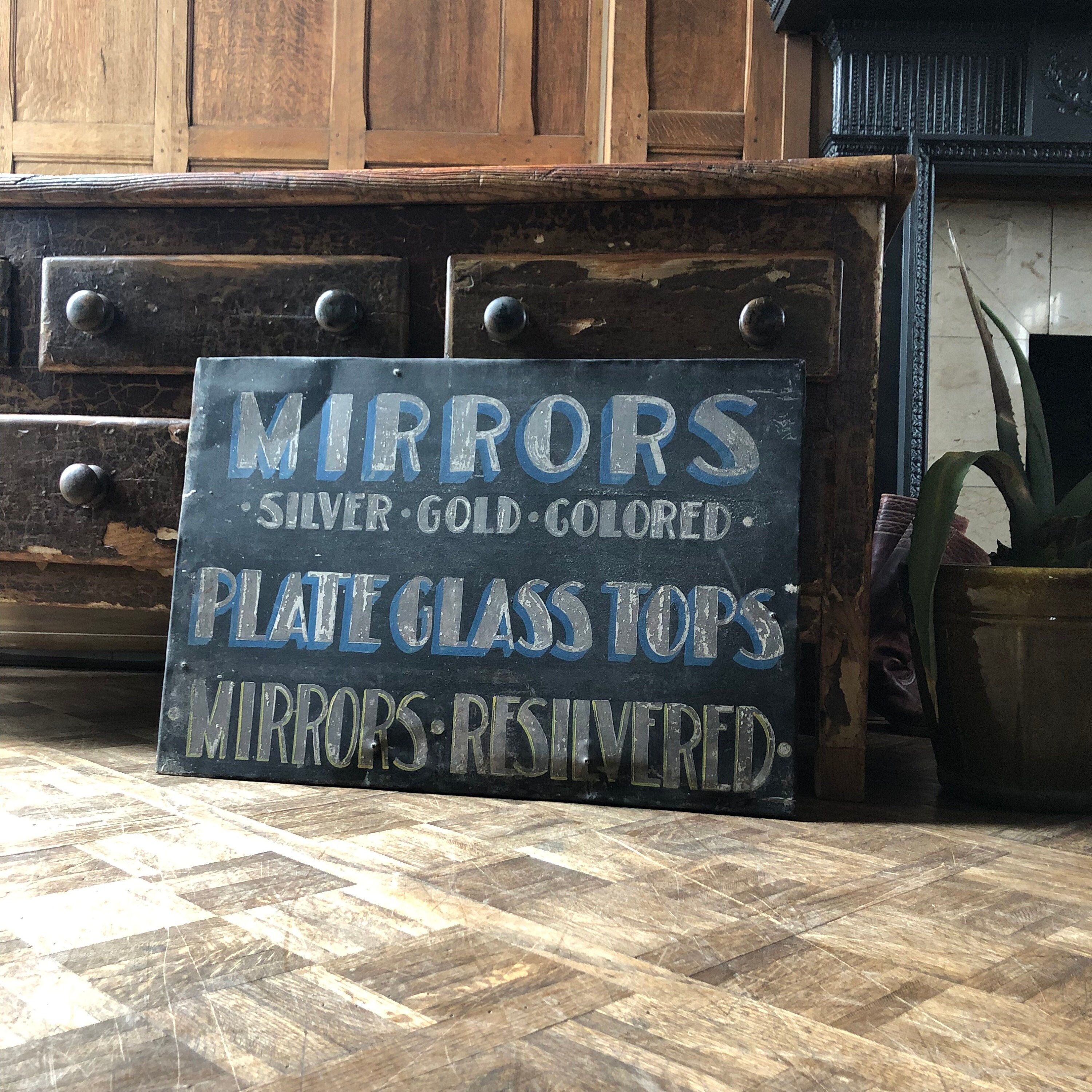 Vintage Hand Painted Sign, 1920s Mirror Trade Sign, Mirrors Resilvered