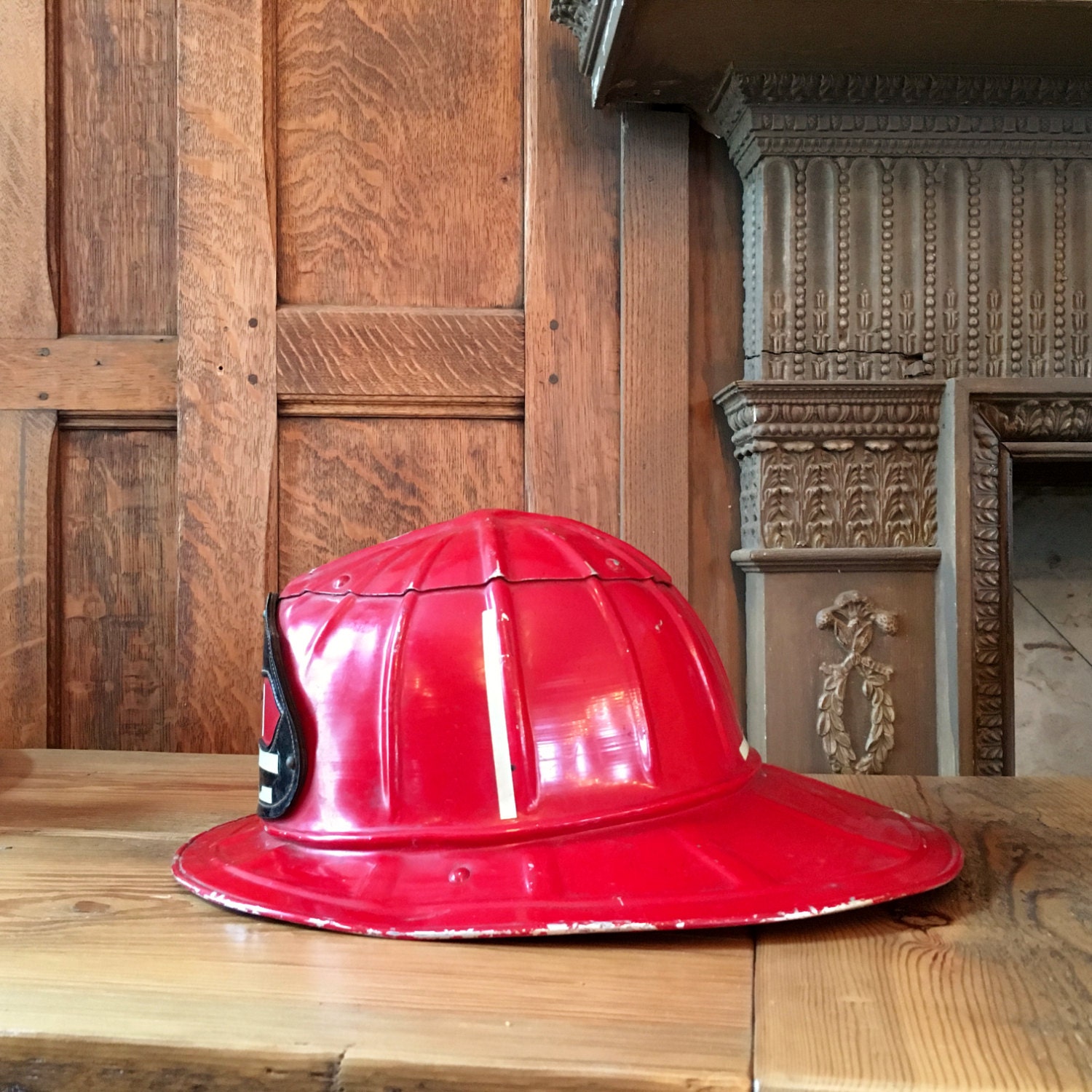 Vintage Fireman Helmet, Red Fireman Helmet, Leather Badge, Cairns & Brother Helmet