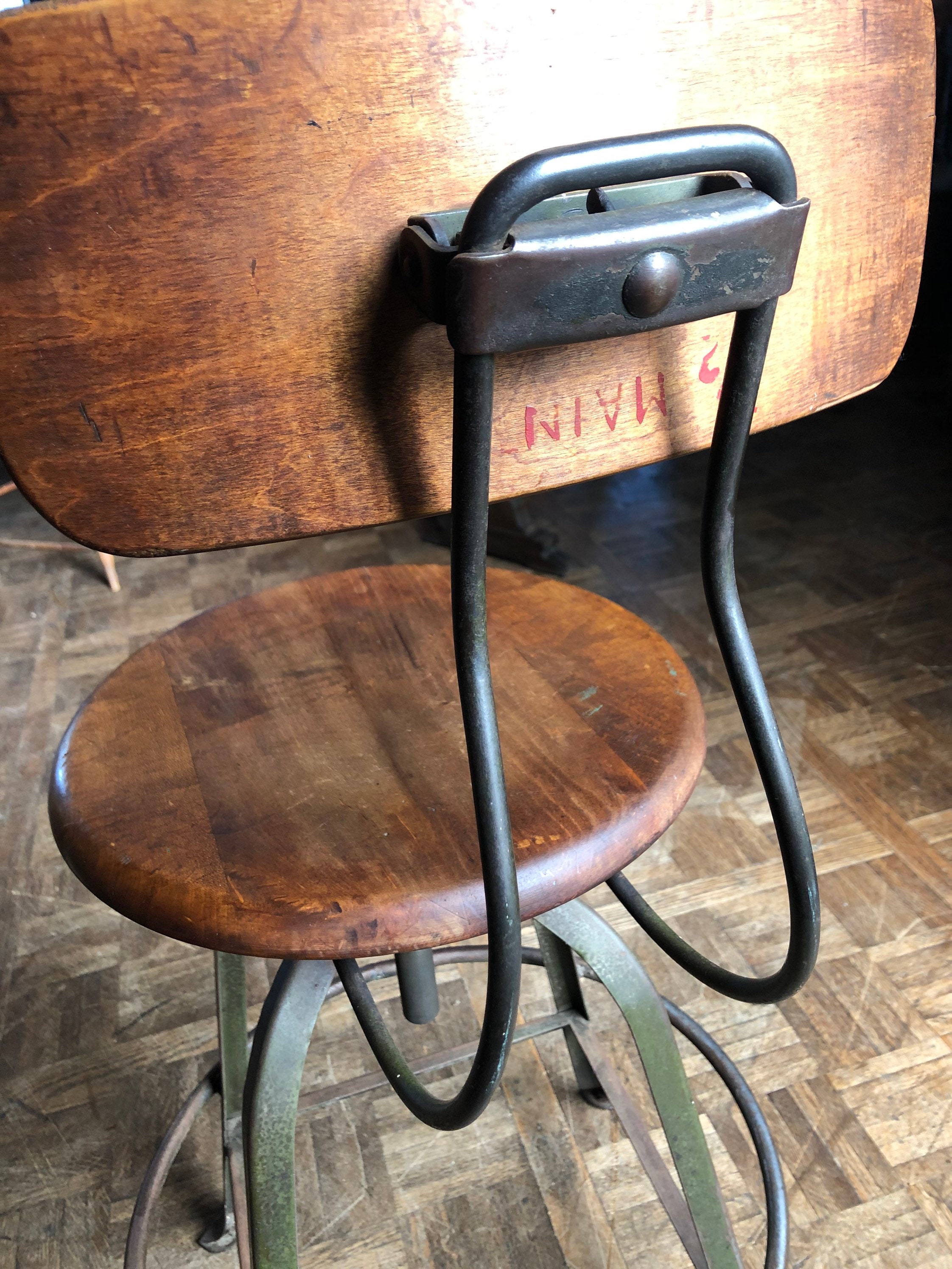 Antique Drafting Stool with Backrest, Vintage Adjustable Stool