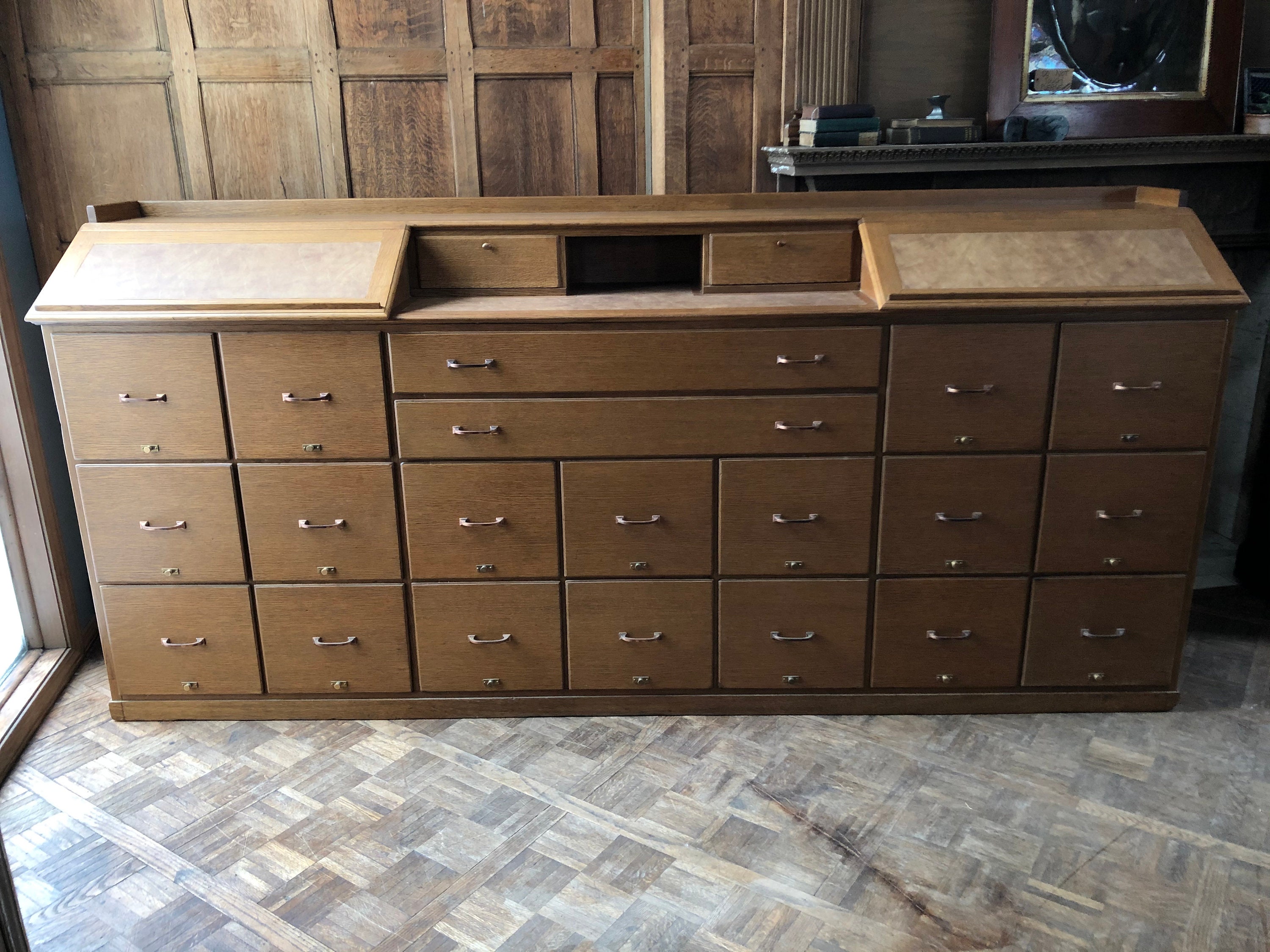 LARGE Antique Oak File 9FT Long Multi Drawer Unit, Bank Store