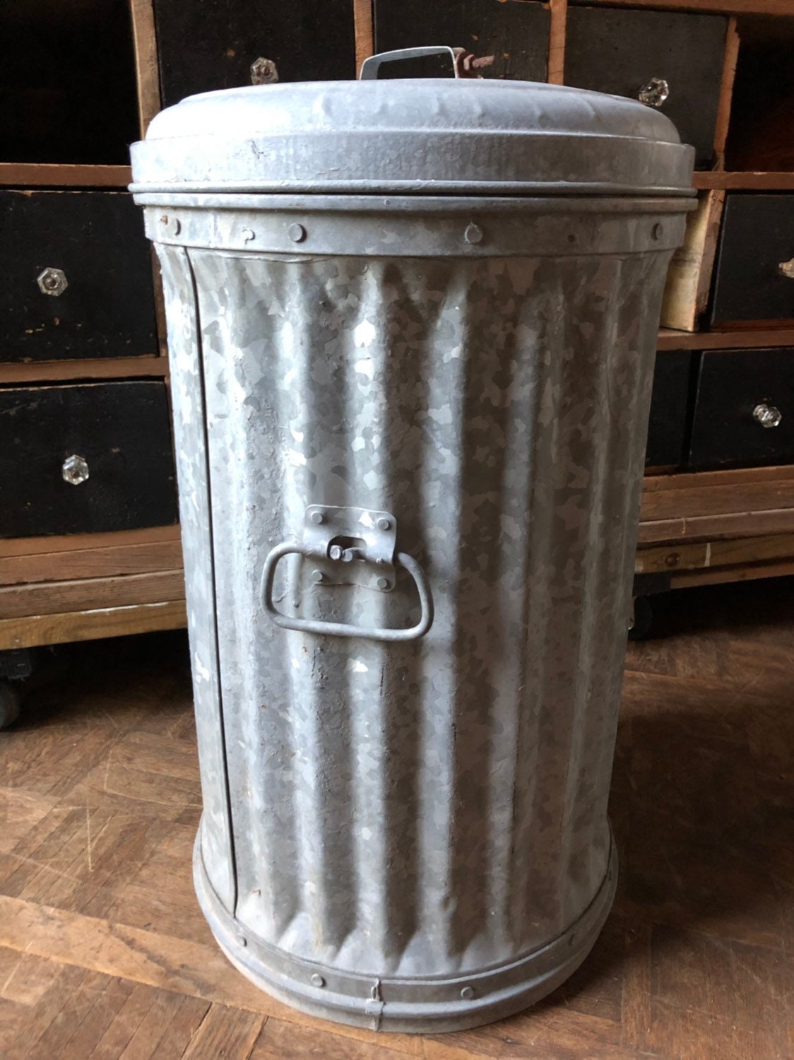 Vintage Industrial Garbage Can with Lid, Municipal City Trash Can