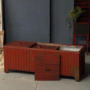 HUGE Antique Chest Cooler, Red Cooler, Primitive Wood Cooler, Large Rustic Cooler, Primitive Furniture, Outdoor Cooler, Antique Ice Box