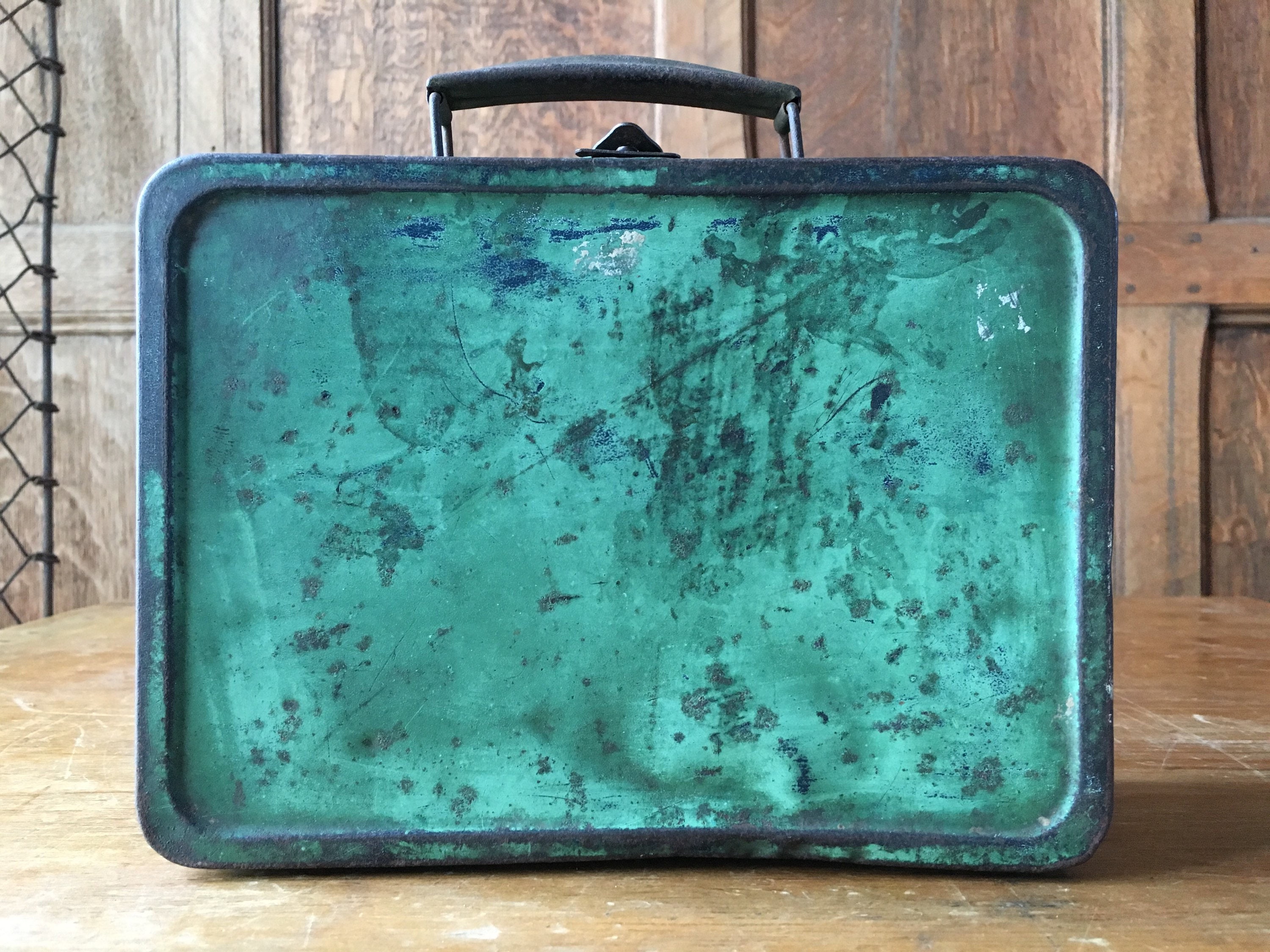 Green Metal Lunch Box, Vintage Lunchbox, Old Metal Storage Box, Vintage