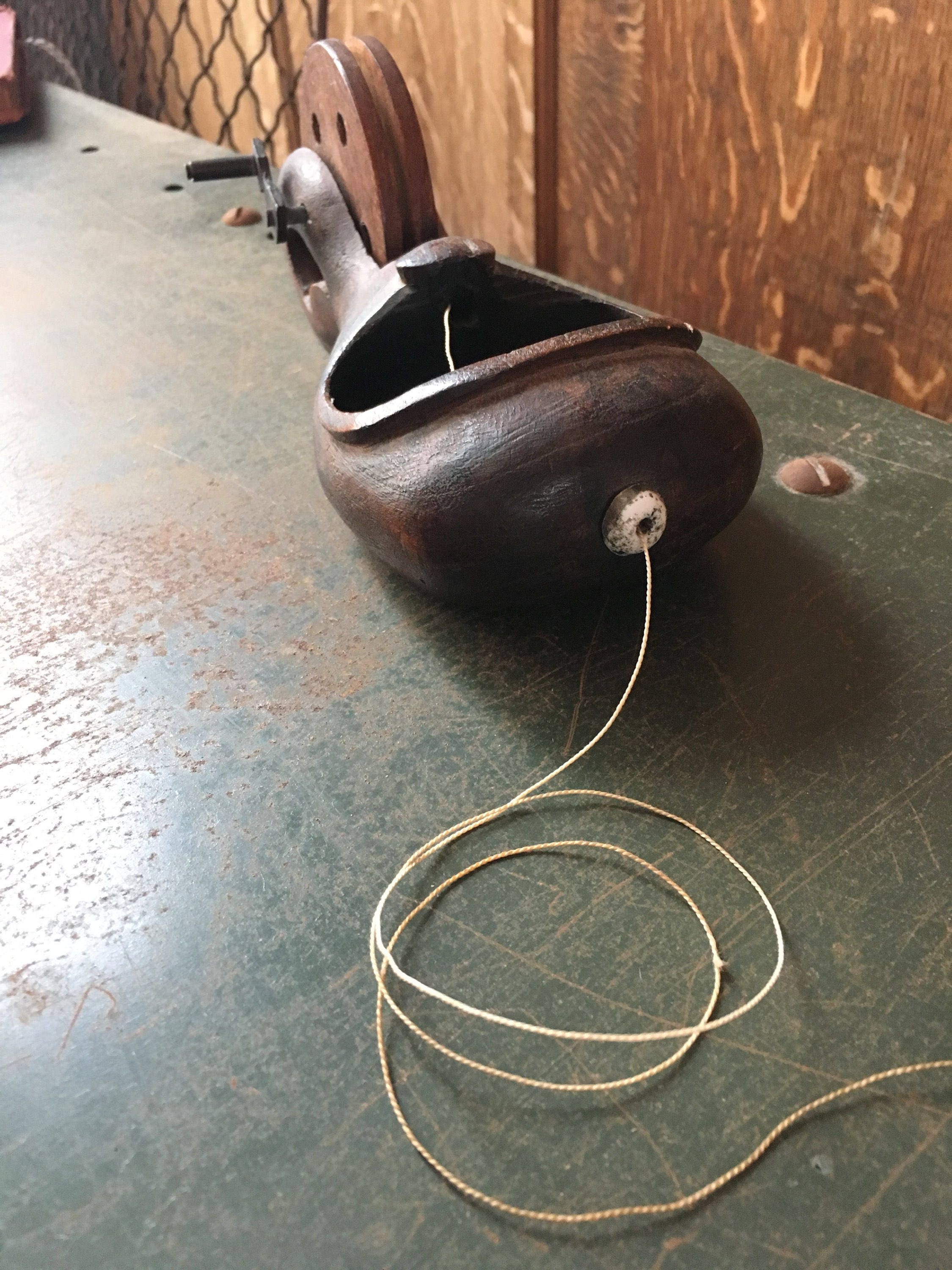 Antique Chalk Line Tool, Hand Carved Chalkline Tool, Vintage Wood and Metal Chalk Line