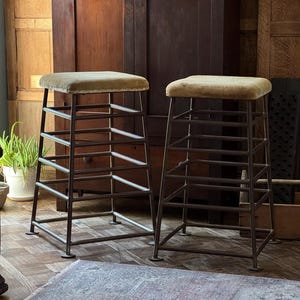 Pair Of Antique Gym Stools, 1930s Suede Leather Top Gym Stool, Industrial Stool, Bar Stool, Desk Stool, Tall Island Stool