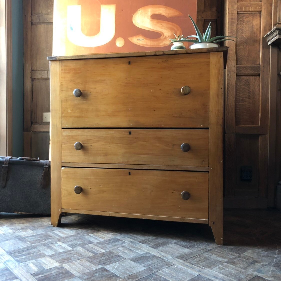 Antique Blanket Chest Two Drawers, Primitive Dovetail Pine and Maple