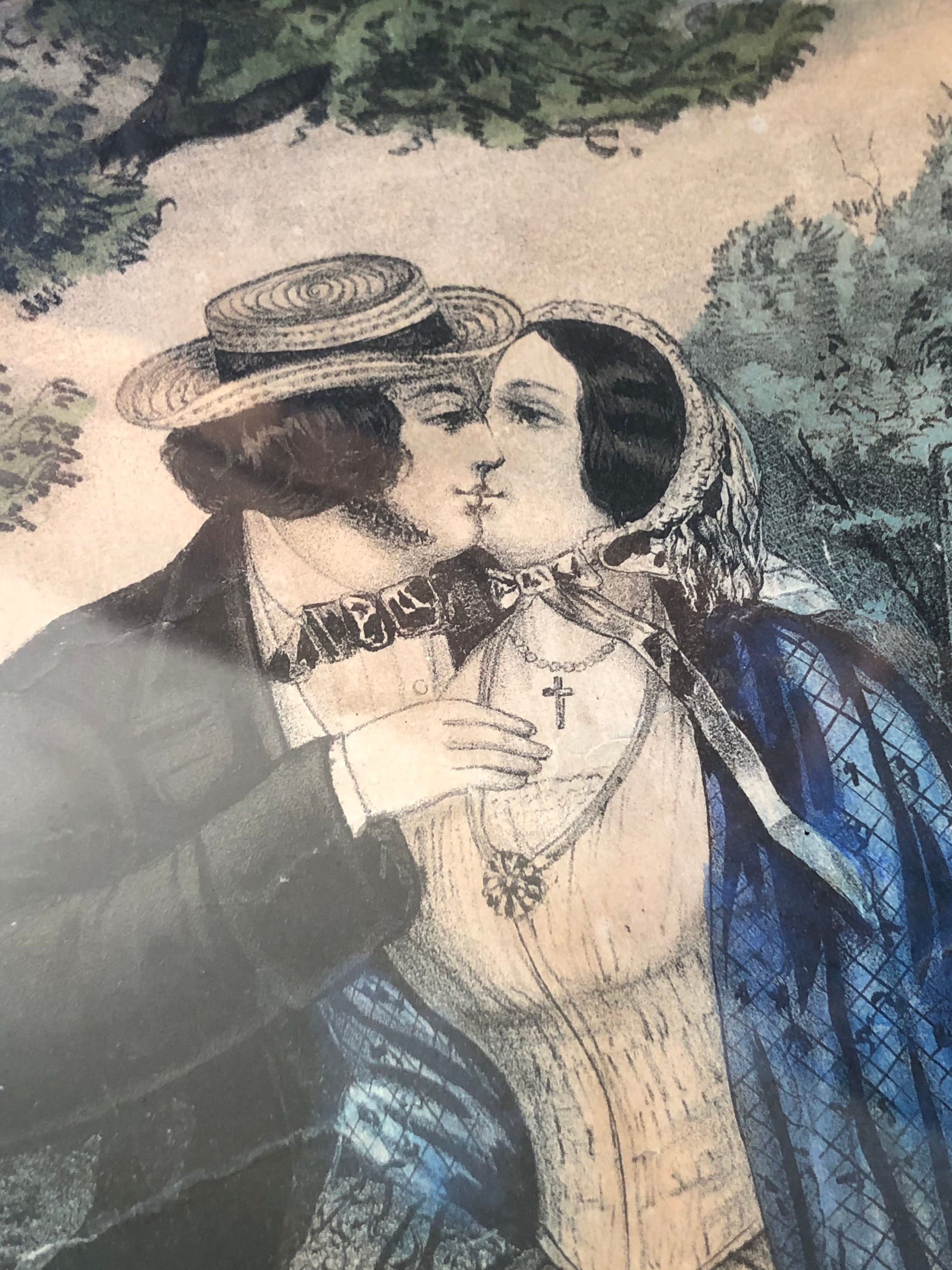 Antique Framed Print, Currier And Ives Lithograph, Kiss Me Quick