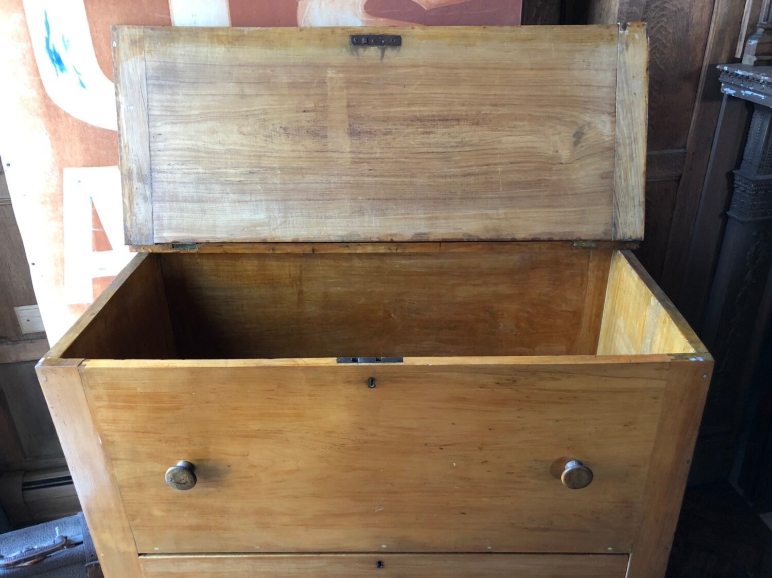 Antique Blanket Chest Two Drawers, Primitive Dovetail Pine and Maple