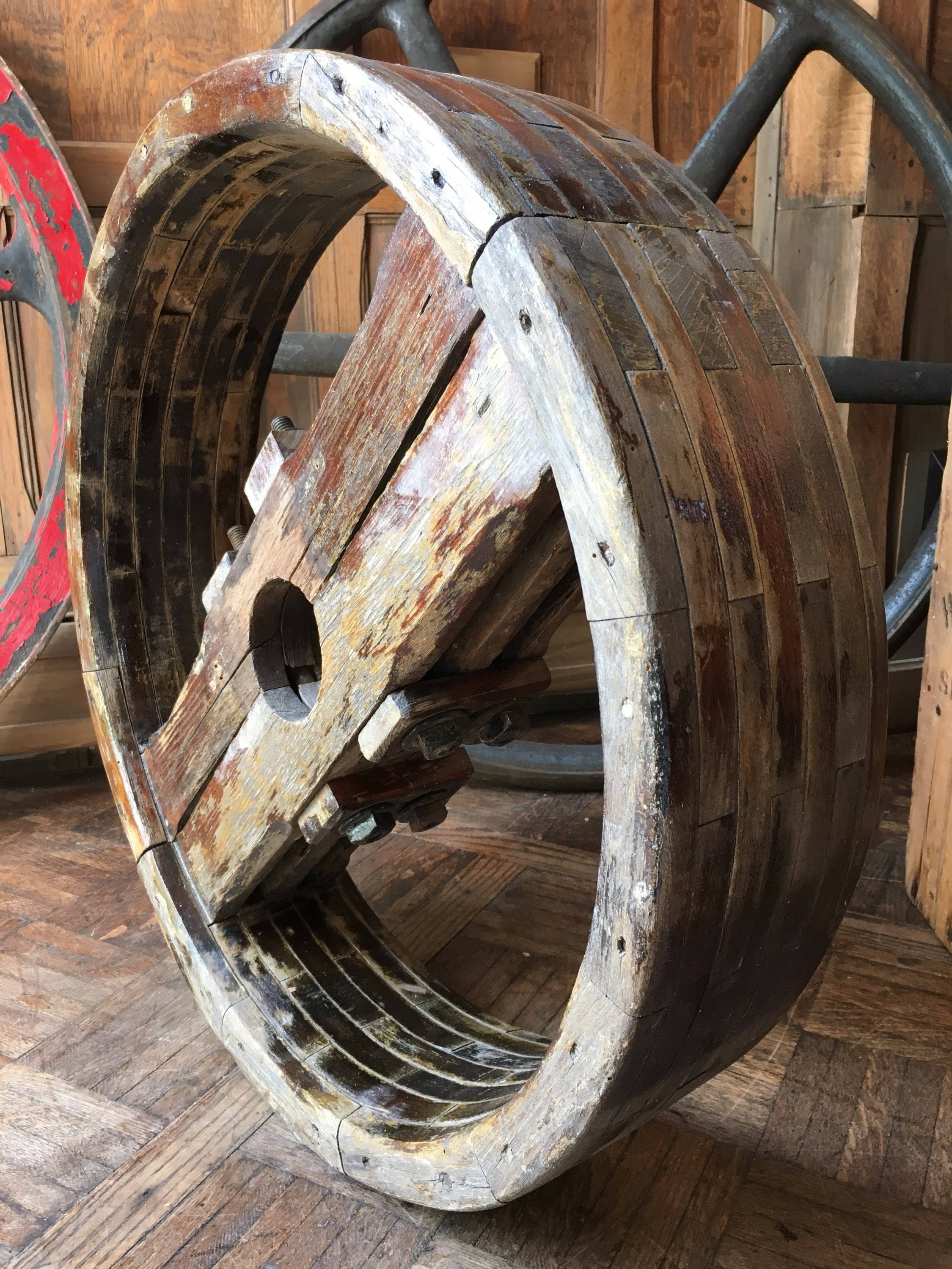 Vintage Wood Pulley, LARGE Antique Wood Pulley Wheel, Industrial Pulley