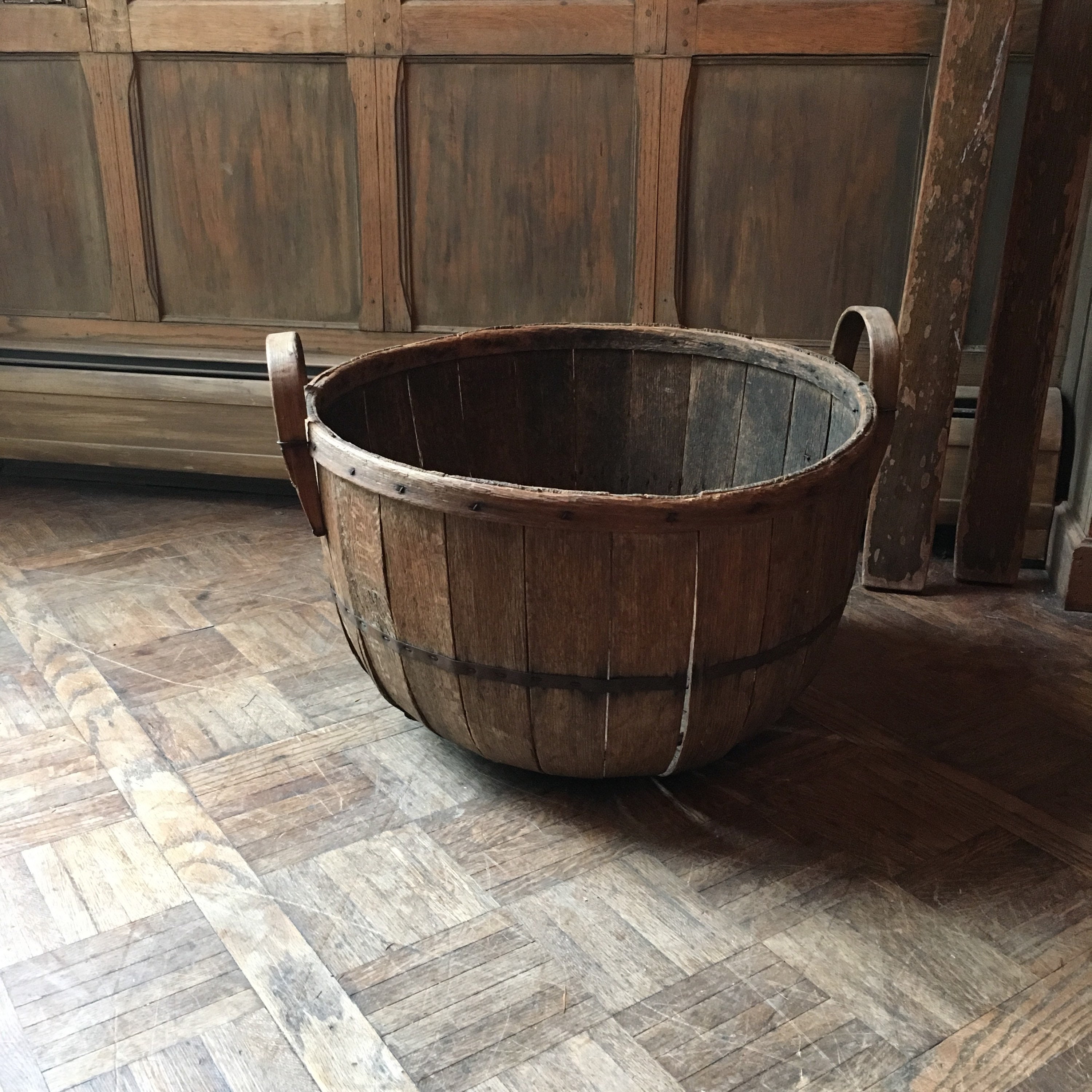 Antique Wood Basket, Primitive Oak Bentwood Basket, Large Hamper Basket, Blanket Basket