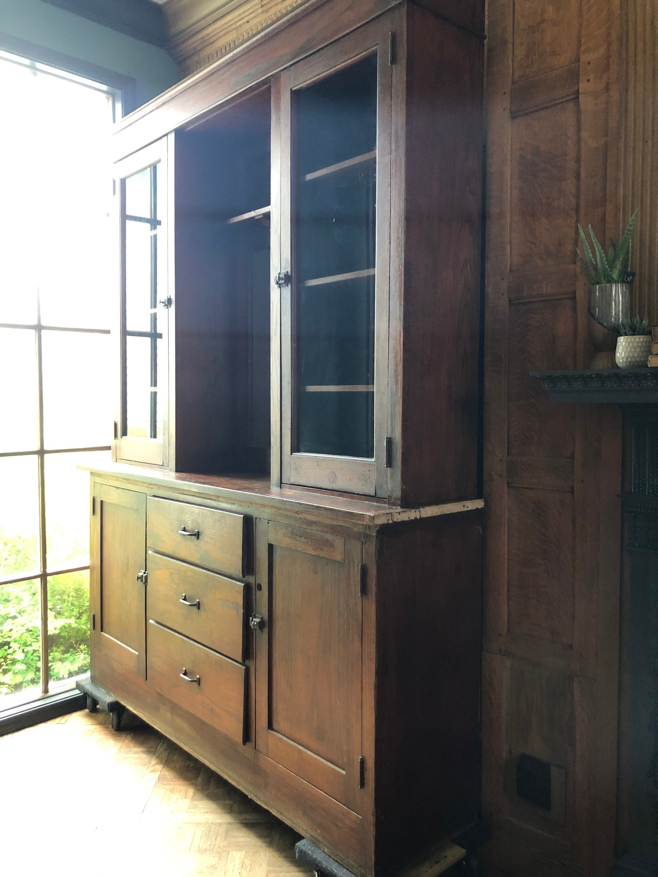 Antique School House Cabinet, Oak Farmhouse Cabinet, Large Glass Door