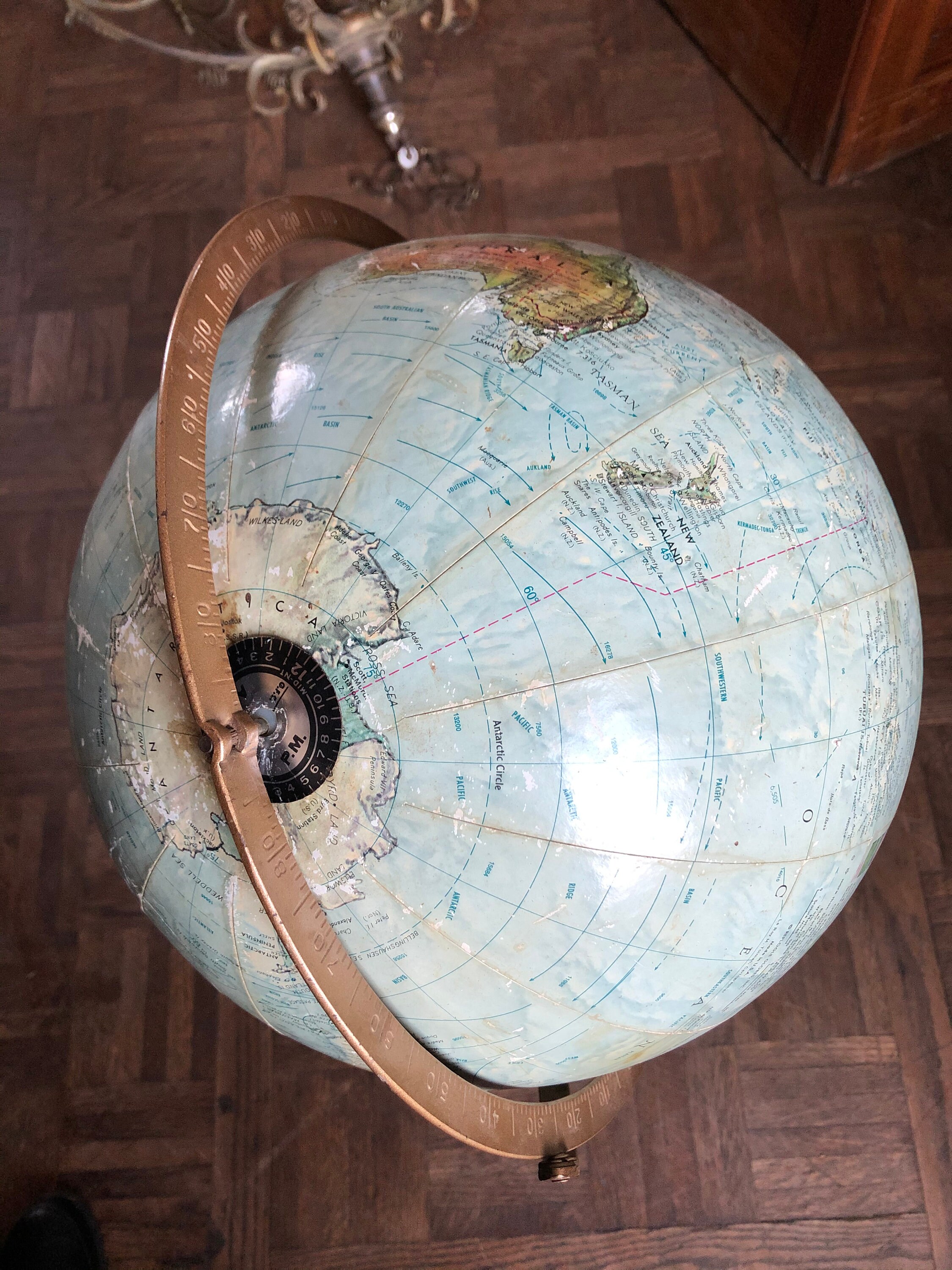 Vintage World Globe On Stand, 12 Inch Relief Globe, Replogle Land And