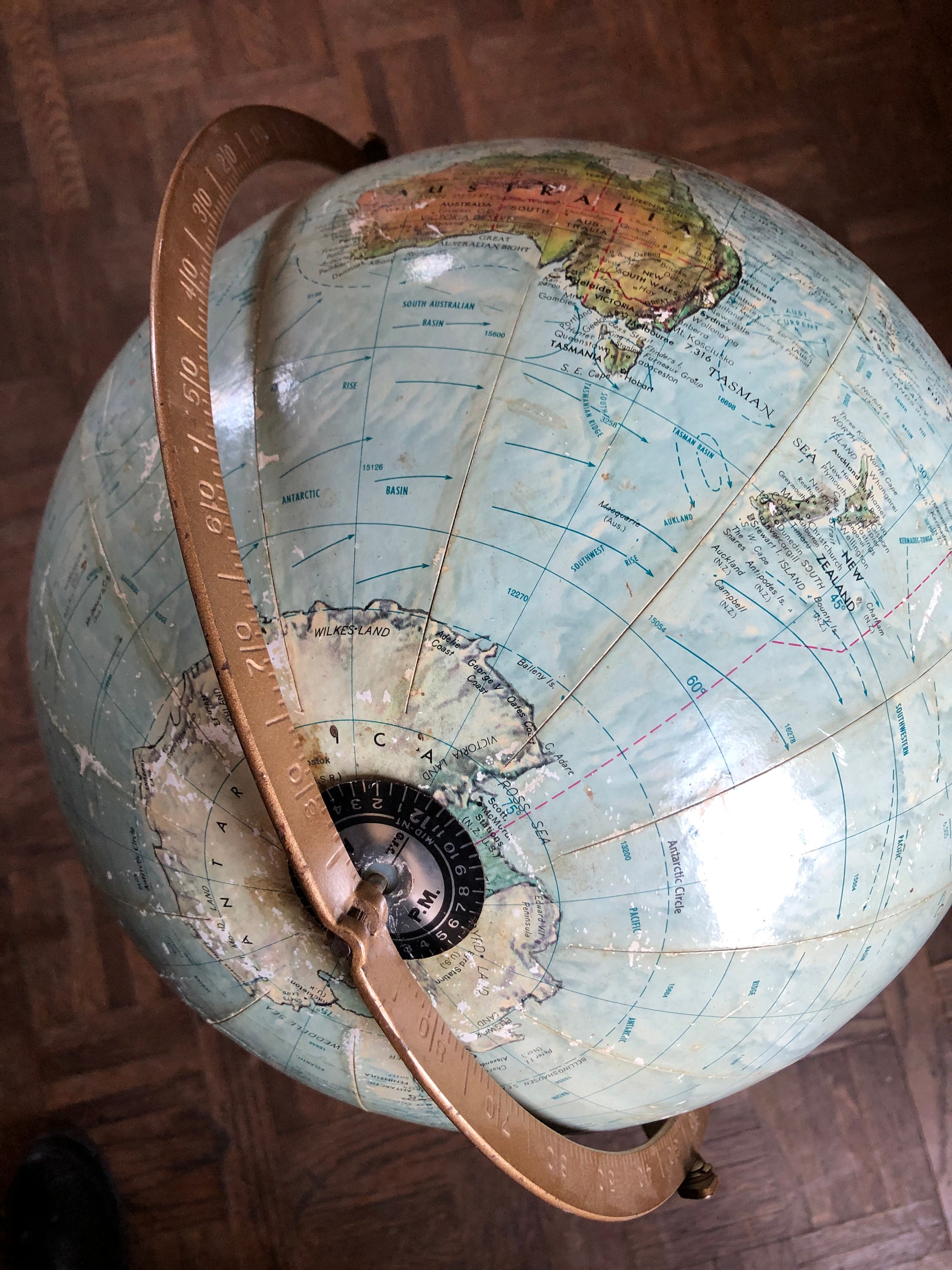 Vintage World Globe On Stand, 12 Inch Relief Globe, Replogle Land And