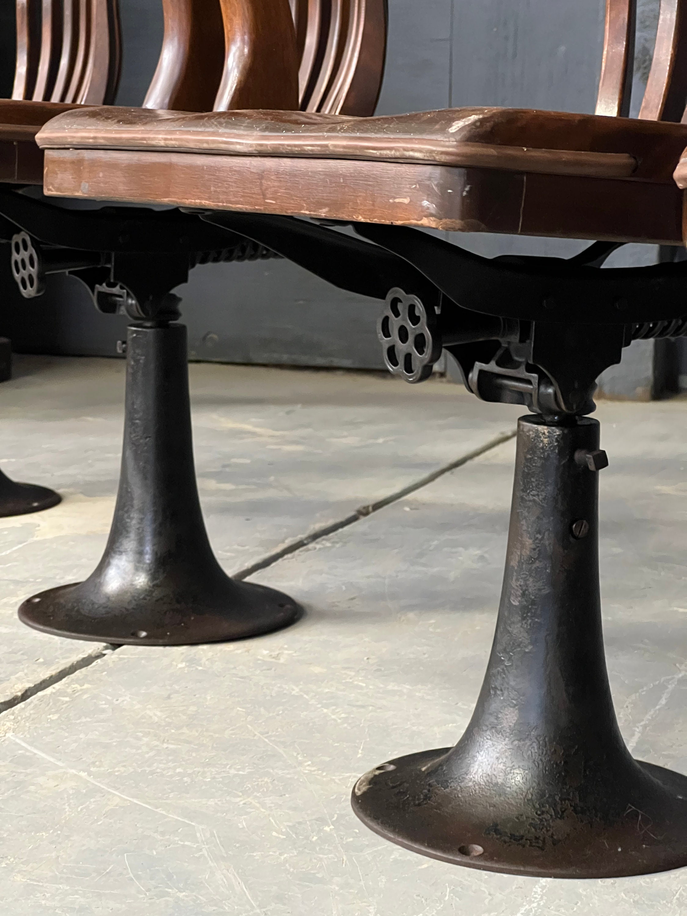 Antique Jury Chairs, Set Of Four Revolving Juror Chairs With Cast Iron Base, Antique Pedestal