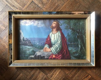 Vintage Jesus Framed Art, Midcentury Glitter Enhanced Jesus Print, Mirrored Gold Frame, Glory to the Highest