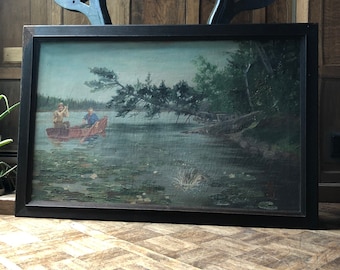 Vintage Oil Painting On Canvas, Fishing Painting, Two Men In A Boat Fishing, Vintage Bass Fishing, Lake House Decor