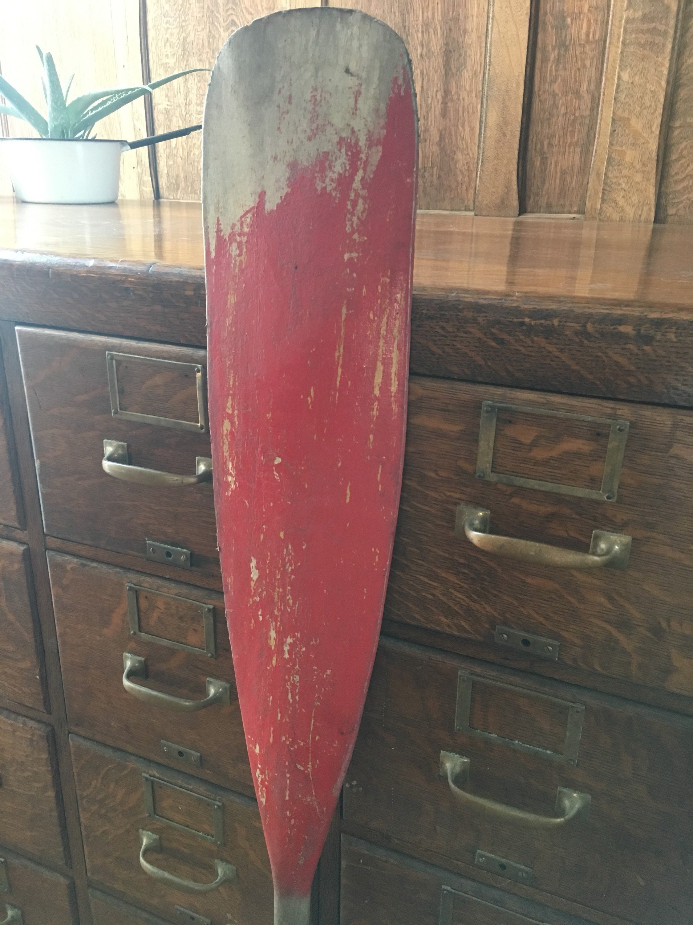 Antique Wood Oar, Red Canoe Paddle, Original Distressed 