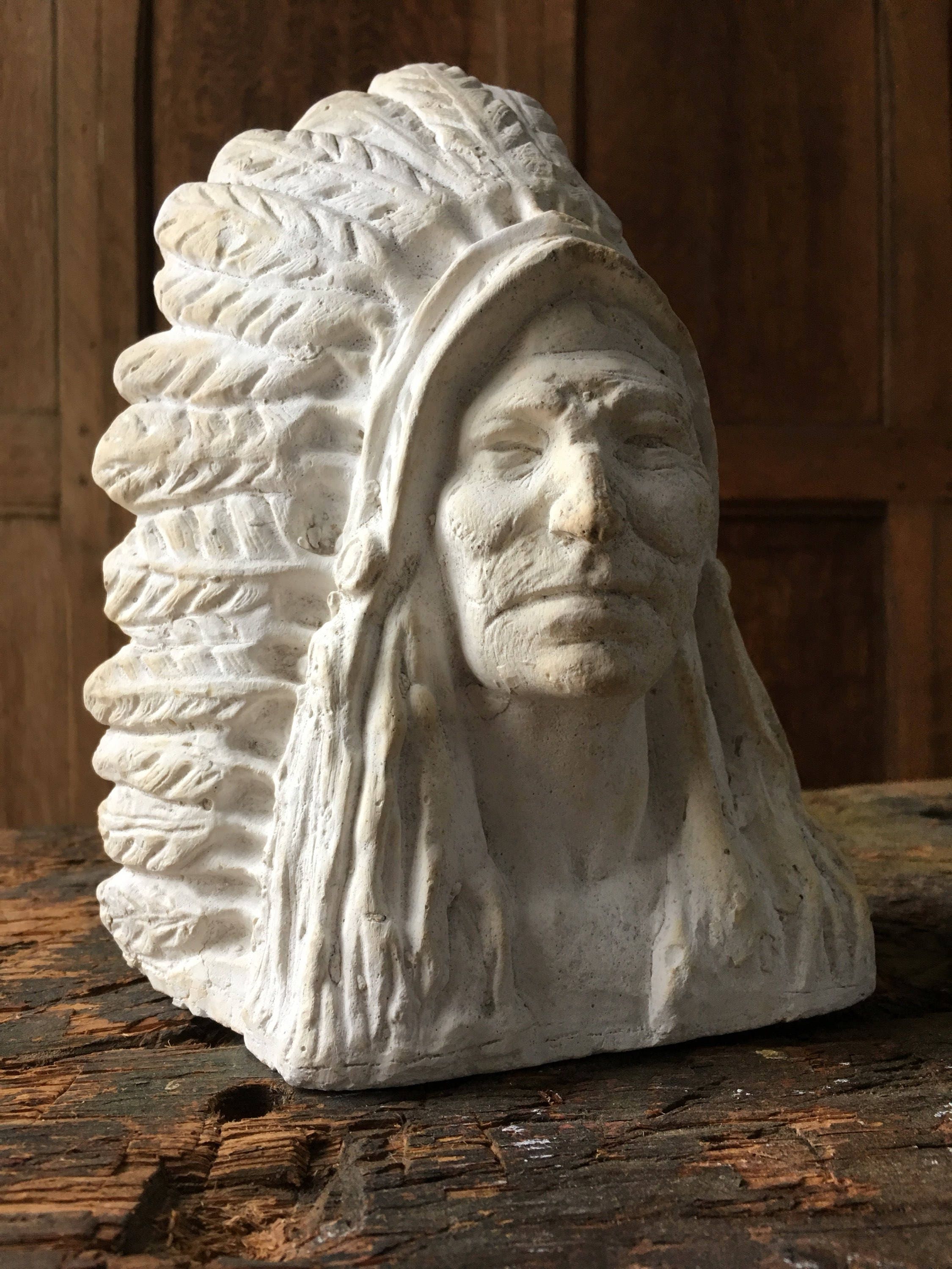 Vintage Chalkware Native American Indian Bust Statue, Ceramic Indian