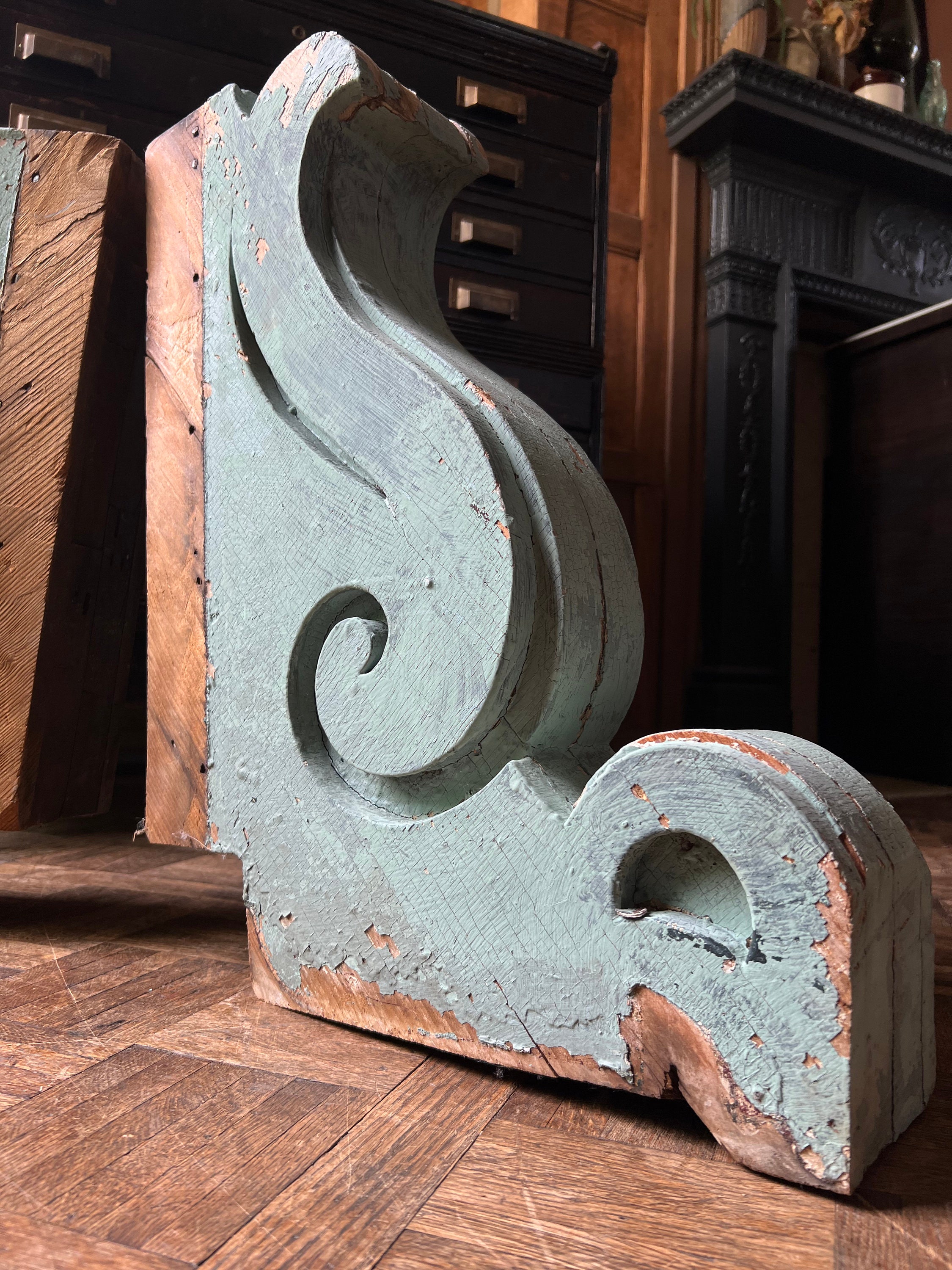 Pair Of Antique Wood Corbels, Large Blue Painted Corbels, Architectural Salvage, Chippy