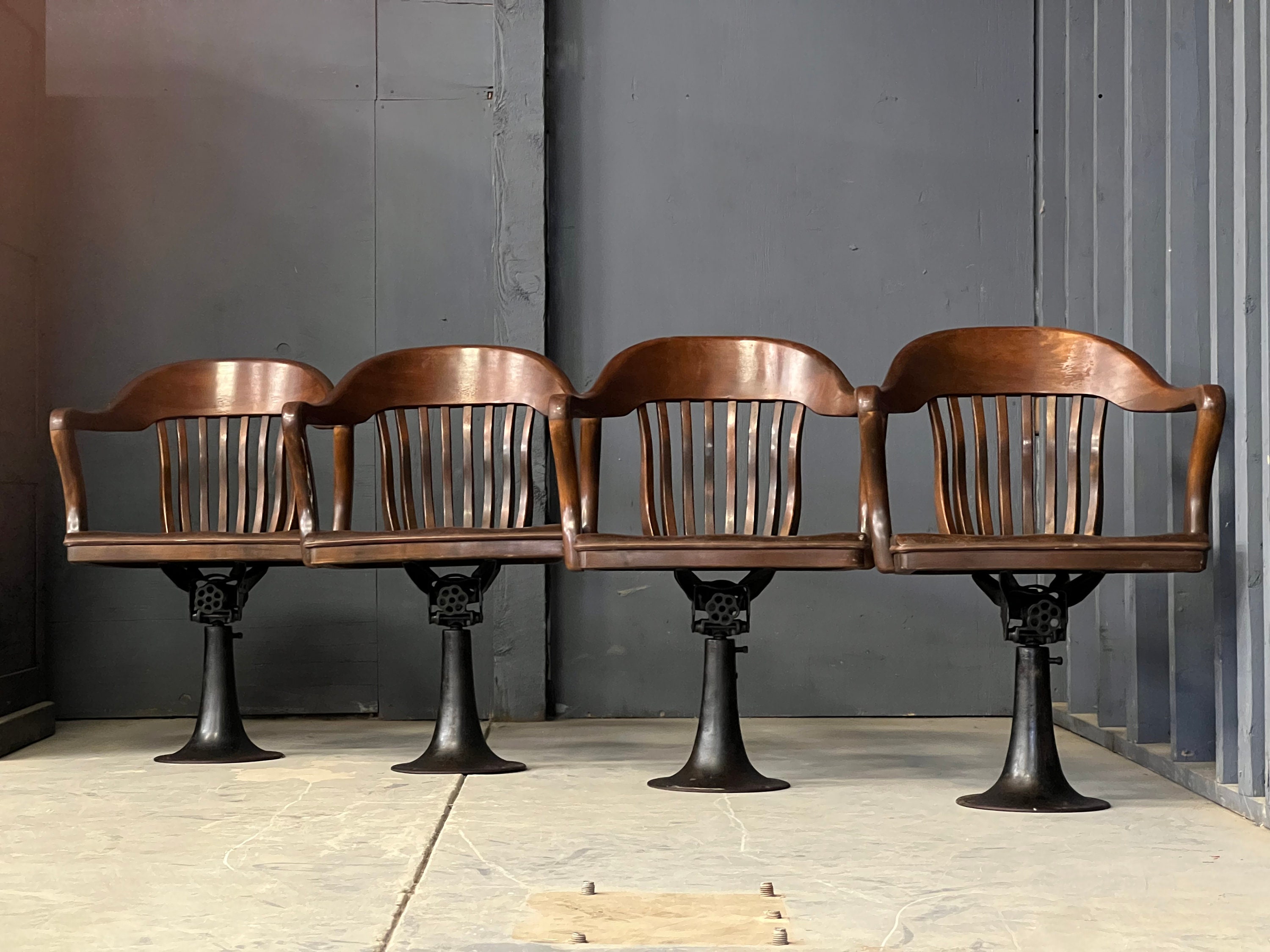 Antique Jury Chairs, Set Of Four Revolving Juror Chairs With Cast Iron