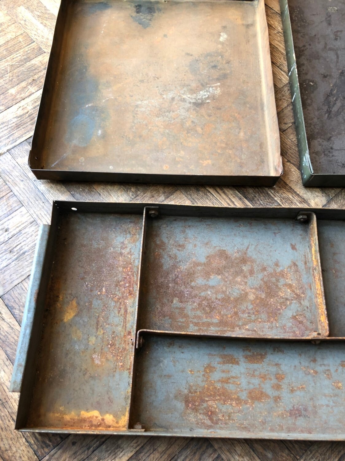 3 Industrial Metal Trays, Trio Of Metal Parts Bin Trays, Industrial