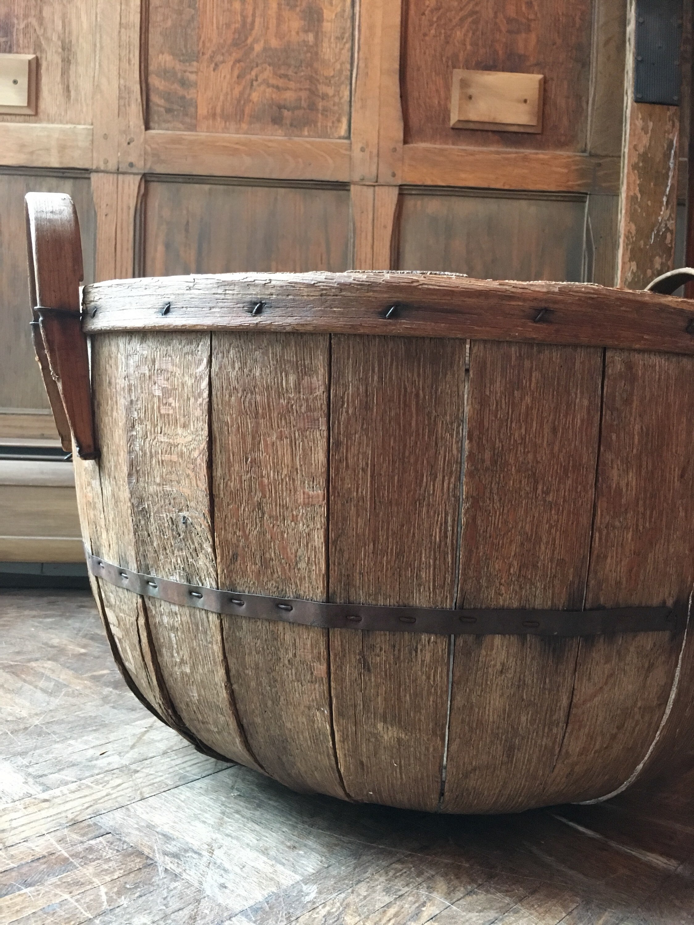 Antique Wood Basket, Primitive Oak Bentwood Basket, Large Hamper Basket