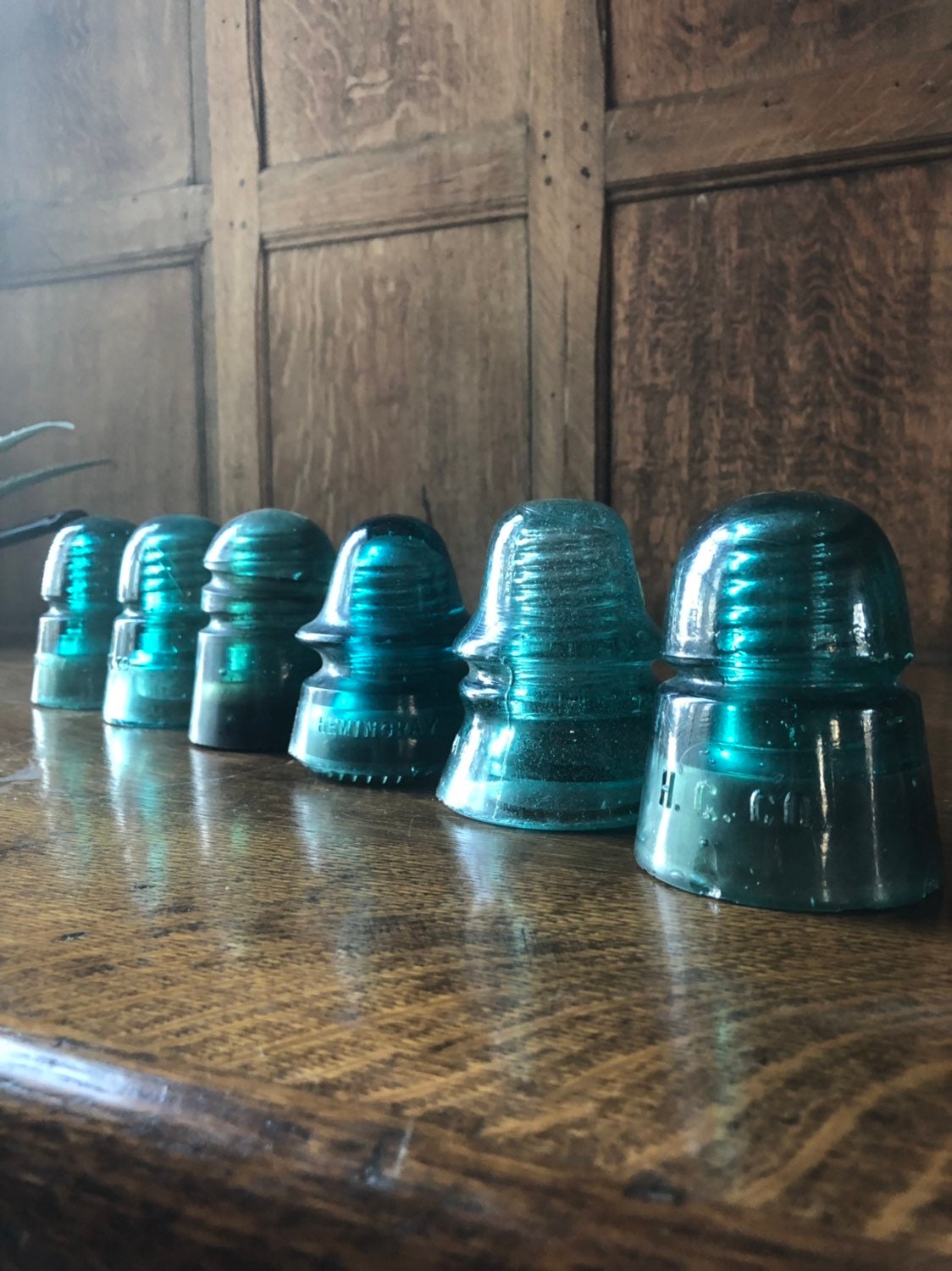 Antique Insulators, Set Of Six Blue Glass Insulators, Rustic Farmhouse