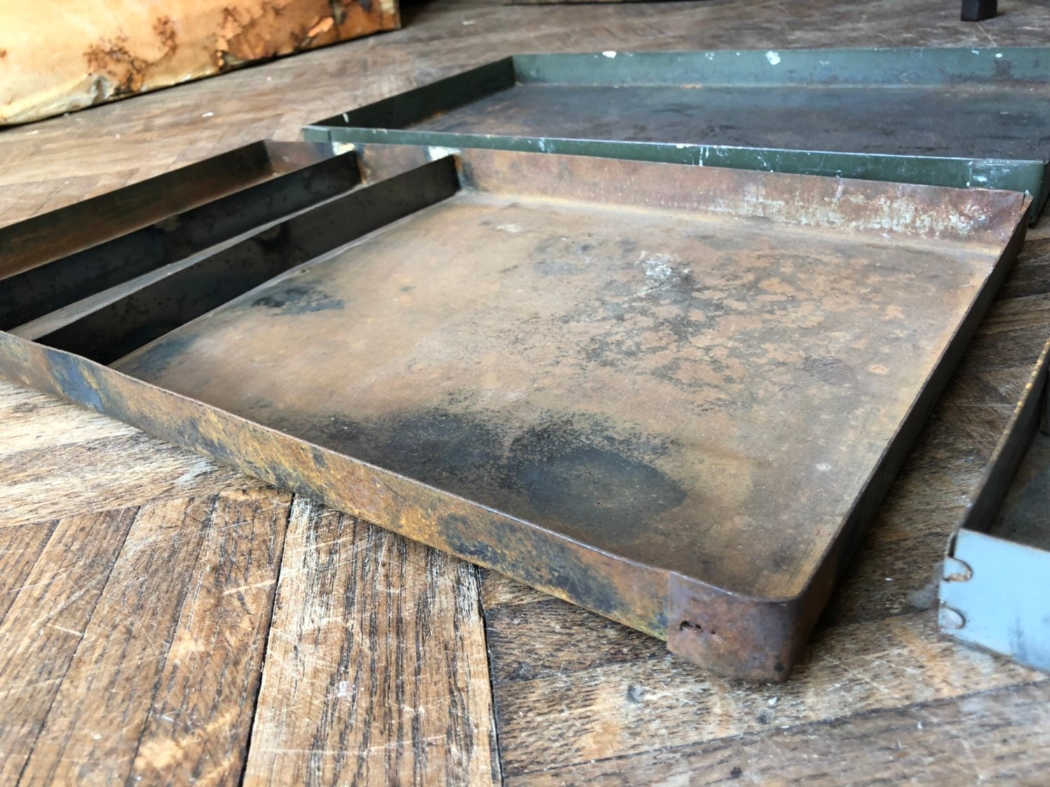 3 Industrial Metal Trays, Trio Of Metal Parts Bin Trays, Industrial