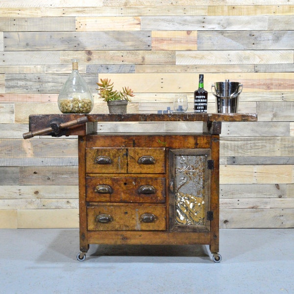 Antique Wood Workbench, Reclaimed Wood Side Board, Unique Reclaimed Bar Cart