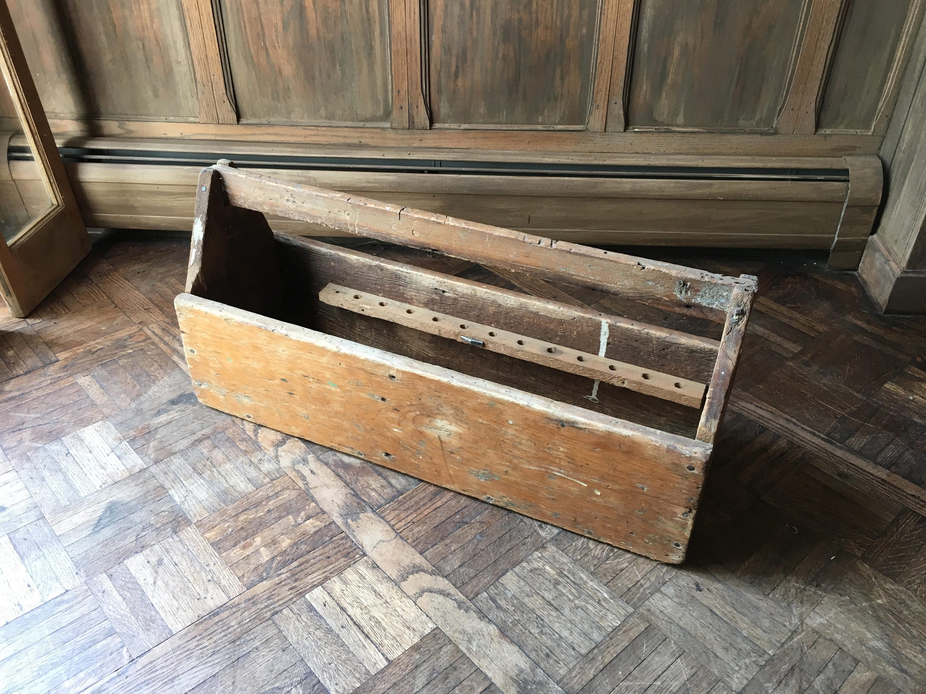 Large Antique Tool Caddy, Handmade Wood Tool Box, Rustic Wooden Toolbox
