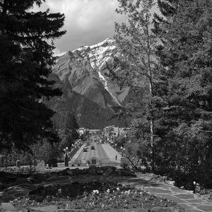 Fine Art Print, Banff Avenue, Mountain Landscape, Cascade Mountain, Banff Alberta, Canada Black & White