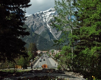 May include: A scenic view of a mountain range with snow-capped peaks, seen from a paved road winding through a forest. The road is lined with trees and leads to a small town in the distance.