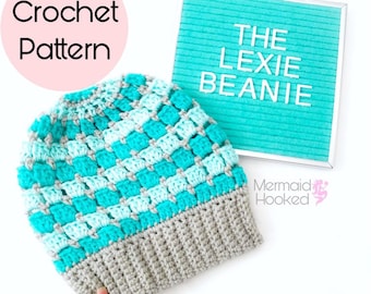 PATTERN - Lexie Beanie - PDF Download -  Crochet Pattern - Slouch Pattern- Messy Bun Beanie Pattern - Toque Pattern