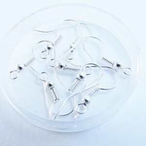 Peut inclure: Un ensemble de crochets de boucles d'oreilles en métal argenté présentant une forme incurvée, une petite perle décorative et un détail en ressort hélicoïdal. Ces apprêts de bijouterie sont disposés dans un récipient circulaire transparent.