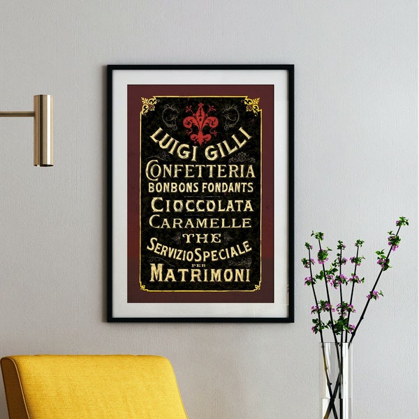 Italian Cafe Sign / Original Wall Art / Vintage Home Décor / Antique Italian Poster / Florence Italy Artwork / Large Print