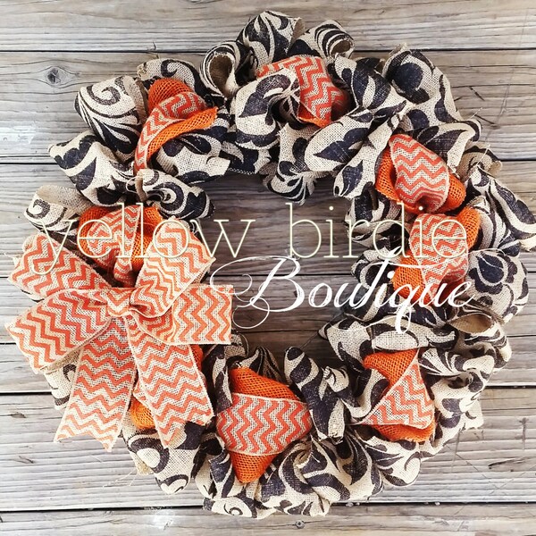 Fall Burlap Wreath - Black and Orange Chevron Burlap Wreath- Thanksgiving Wreath- Front Door Wreath, Halloween, Autumn Wreath, Fall Wreath