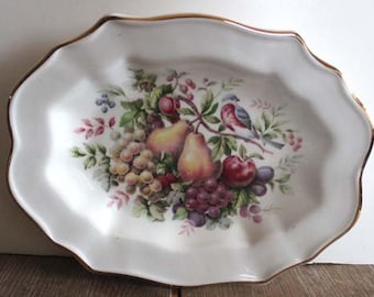 Vintage Avon Enoch Wedgwood Oval Plate - Enoch Fruits & Birds Porcelain Tray - Made in England w/ 22 K Gold Trim 1976