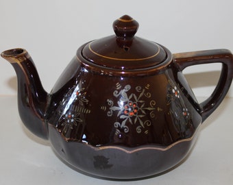 Vintage Redware Brown Moriage Teapot & Lid - Hand Painted Brown Floral Teapot * Lid w/ Gold Gilding - Redware Collectible Teapot - Japan
