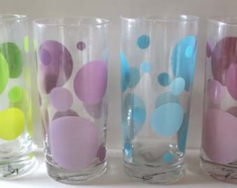 Set of Four Clear Glass Pink Flower Pattern Tumblers With Green Leaves  Bubble Base Vintage Water/tea Drinking Glasses Unique Collectible - Etsy