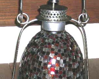 Vintage Garden Lantern Lamp - Orange Red Clear Mosaics Lantern for Pillar Candle - Glass & Silver Metal Garden Lantern - Mosaic Garden Lamp