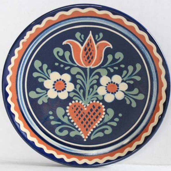 Vintage Bauer Redware Plate - Hand Painted Bauer Redware Slipware Plate - Heart Tulip Flowers Decorative Stoneware Plate - Collectible Gift