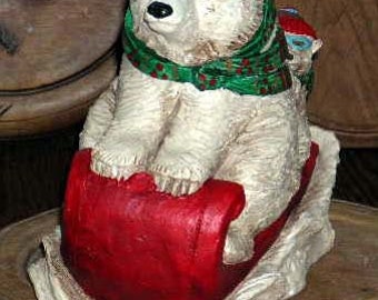 Vintage Telle Stein Papa & Baby Pear Sledding Statue - Telle Stein Winter Fun Bears Sledding - Stone Bunny Hand Cast Bears Sledding Statue