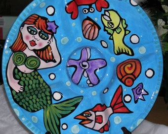 Vintage Stoneware Mermaid Round Chip and Dip Platter - Divided Nicole Engblom Platter - Crudité' Serving Platter - Hand Painted Sea Design