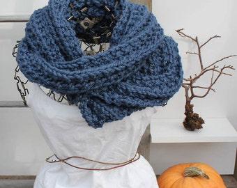 Denim Blue Chunky Knit Infinity Scarf - Large Chunky Knit Infinity Cowl - The Kalte Denim Blue Infinity Cowl - Neck Warmer Fashion Scarf