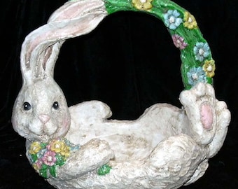 Easter Bunny Candy Basket - Hand Painted Bunny Rabbit Egg Basket - 3-Dimensional Easter Basket - Embossed Glittered Easter Handled Basket