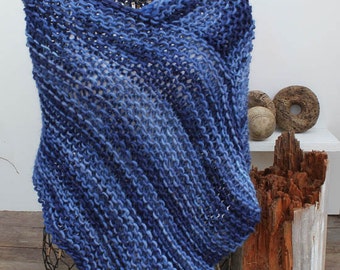 Blue Variegated Knit Poncho - Hand Knit Wool Mohair Poncho - Chunky Hand Knit Poncho - Variegated Pacific Blue Poncho - Woman's Poncho Cover