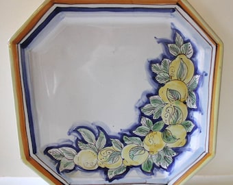 Vintage Italian Majolica Square Caltagirone Plate - Hand Painted Lemons Plate w/ Clipped Corners - Sicilian Caltagirone - Made Italy
