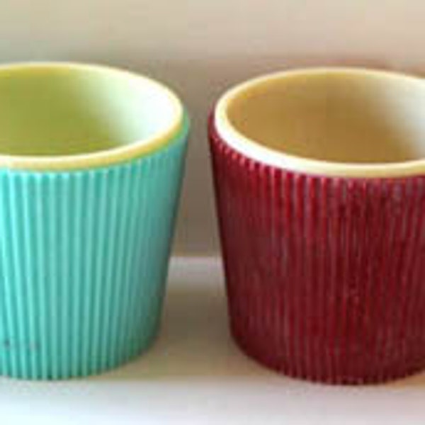 Four Vintage Mid Century Melamine Egg Cups - 4 Melamine Egg Cups w/ Embossed Channeled Exterior Sides - Blue Red Yellow Turquoise - Holland