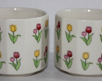 2 Otagiri Porcelain Tea Cups - Mini Otagiri Sake or Juice Tumblers - Otagiri Cups w/ Paneled Sides - Tulip Designed Tea Cups
