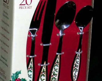 International Holiday Vine Flatware - 20 Pc Flatware Set - Stainless Steel Flatware -  Holly Berry Forks Knives Spoons - In Box - No Polish